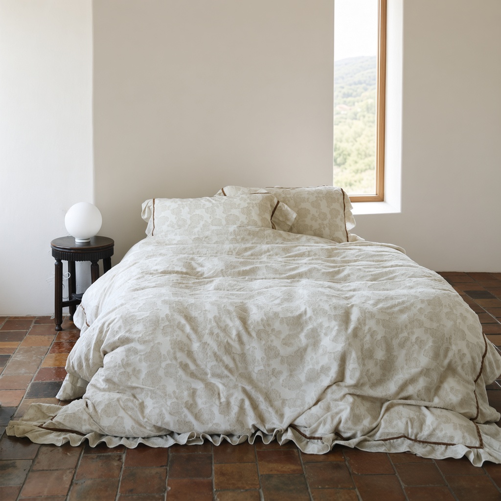 Floral Ruffle Linen Cotton Embroidered Bedding Set