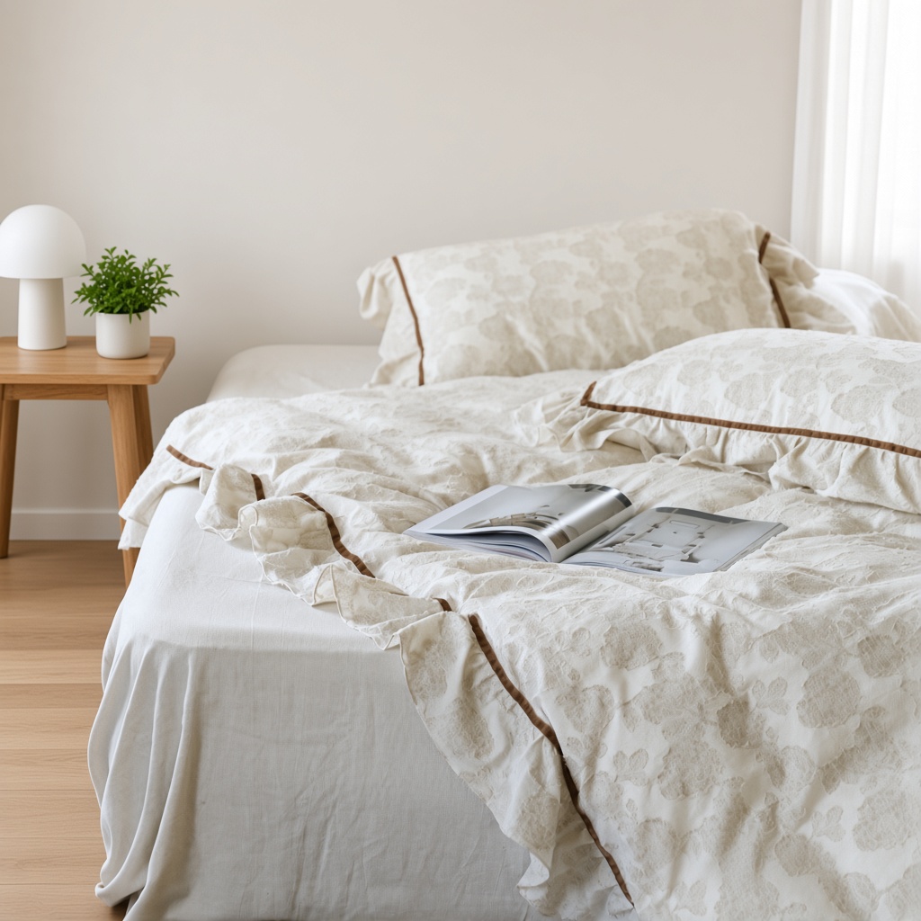 Floral Ruffle Linen Cotton Embroidered Bedding Set