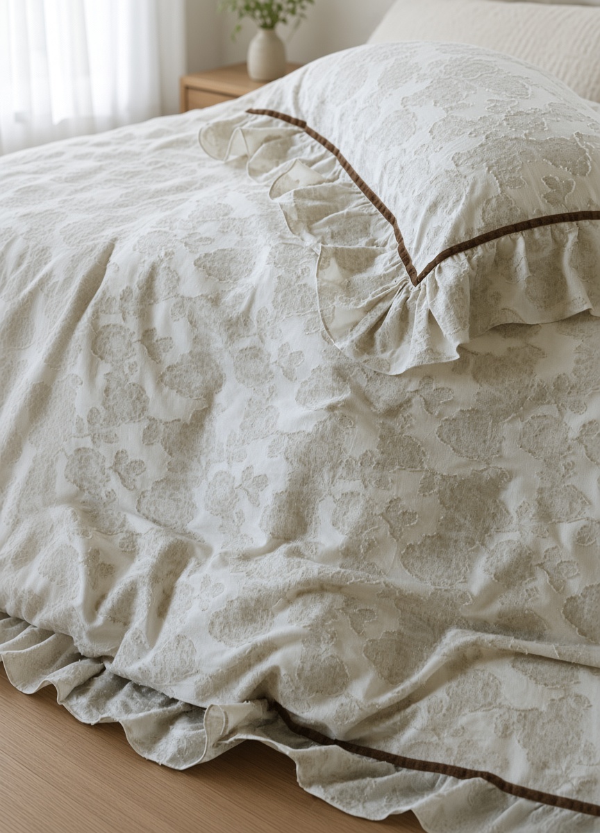 Floral Ruffle Linen Cotton Embroidered Bedding Set