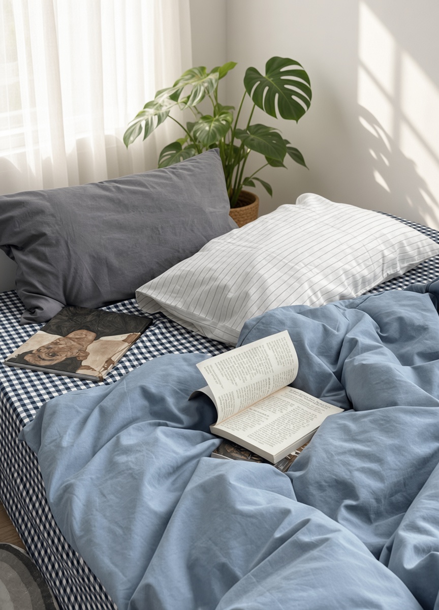 Minimalist Mixed Gingham Cotton Washed Breathable Bedding Set