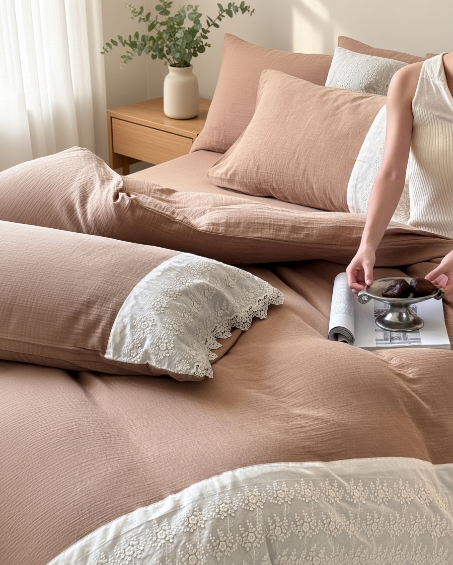 Ruffle Lace Cotton Double Gauze Breathable Bedding Set