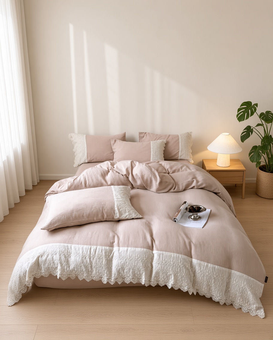 Ruffle Lace Cotton Double Gauze Breathable Bedding Set