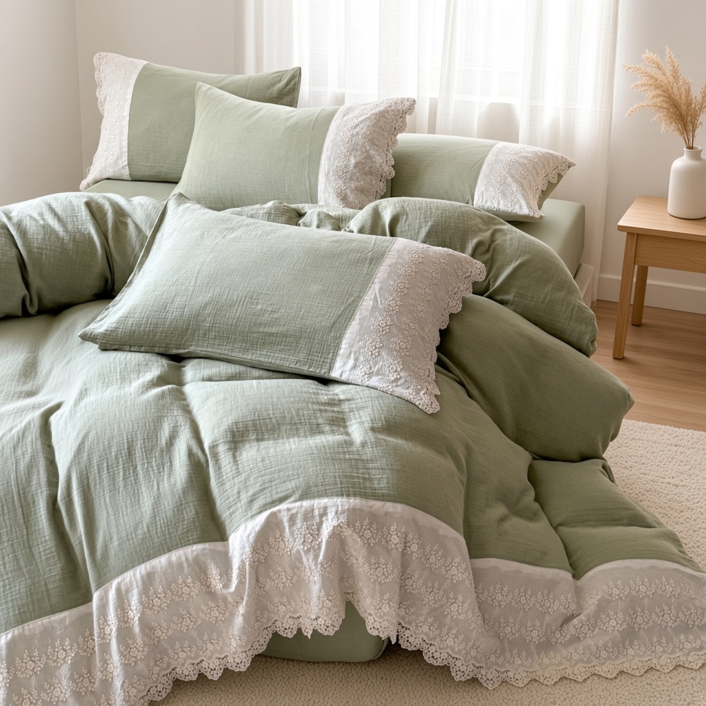 Ruffle Lace Cotton Double Gauze Breathable Bedding Set