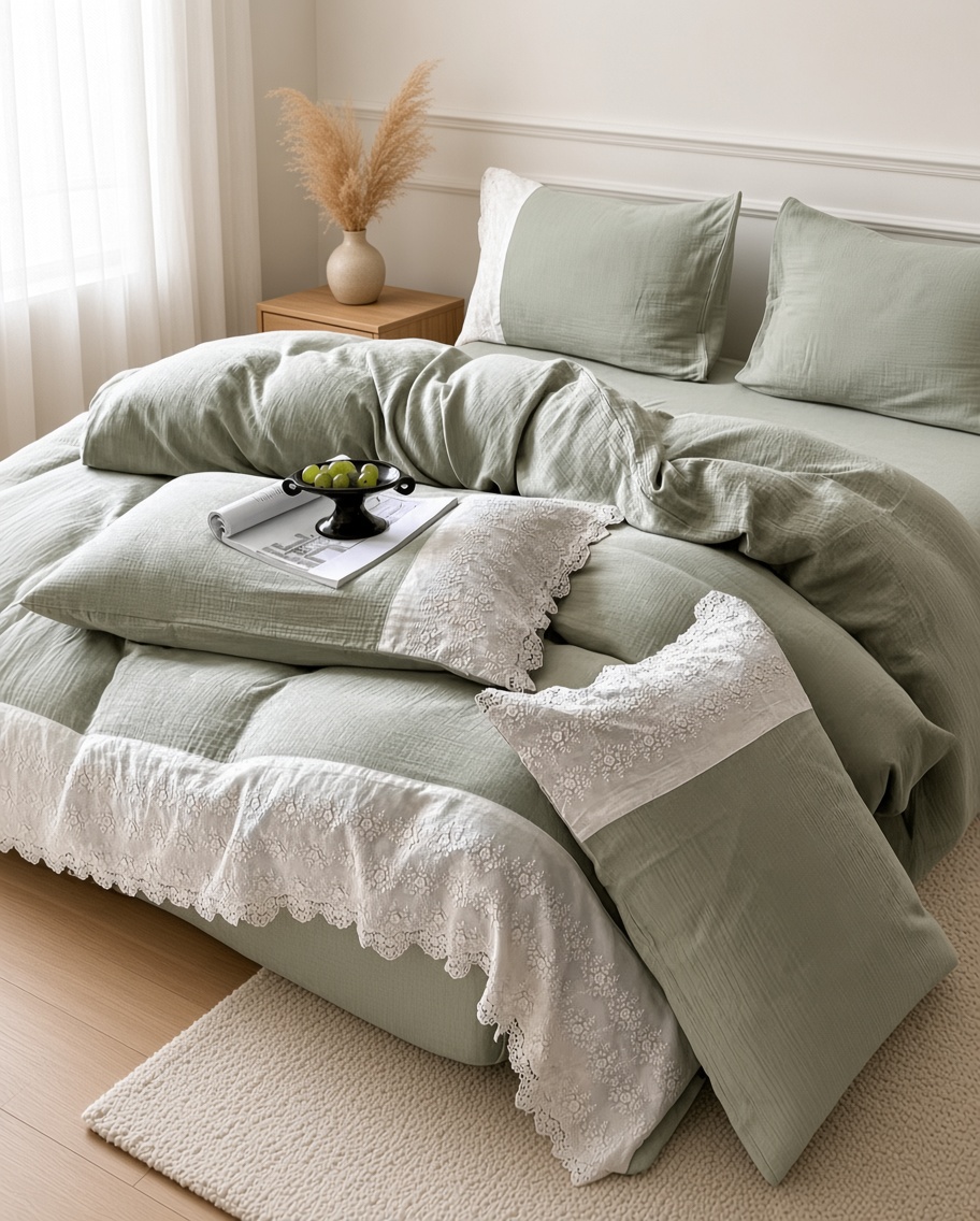 Ruffle Lace Cotton Double Gauze Breathable Bedding Set