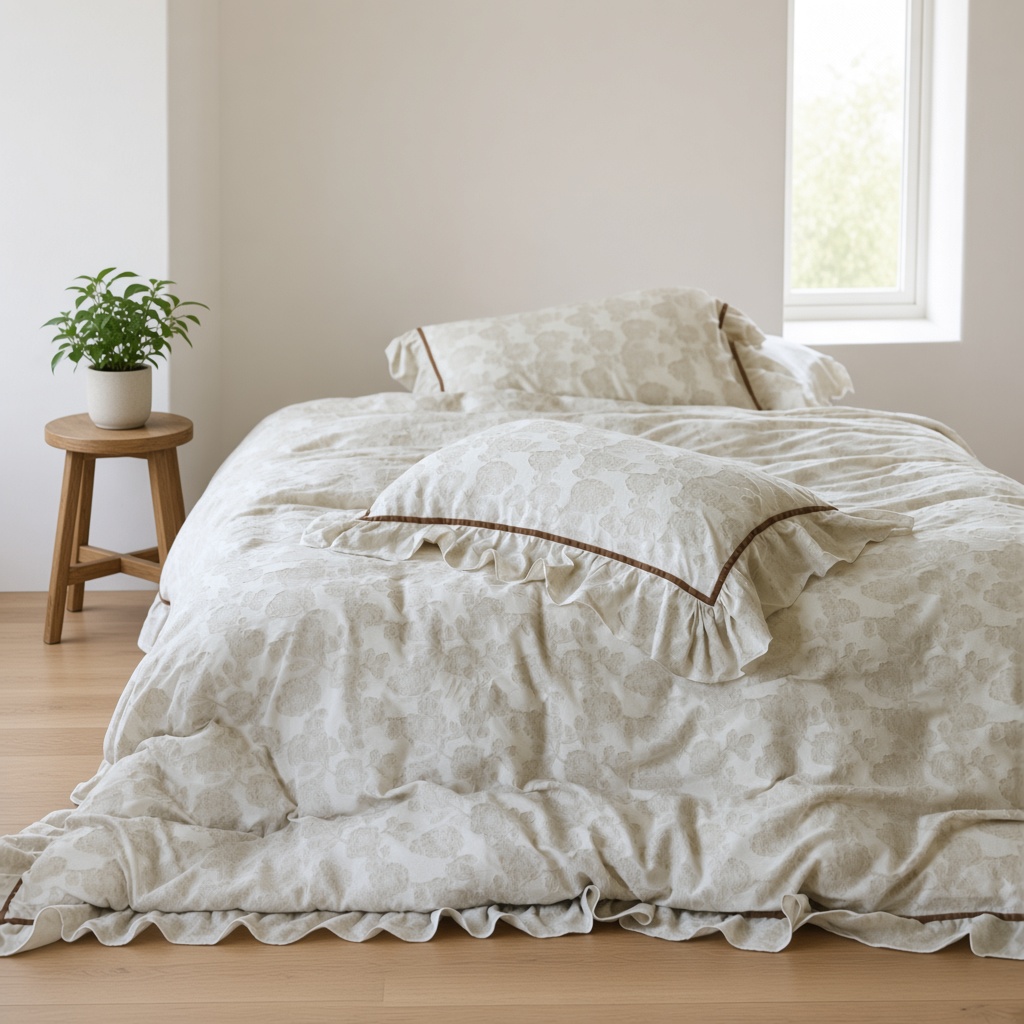 Floral Ruffle Linen Cotton Embroidered Bedding Set