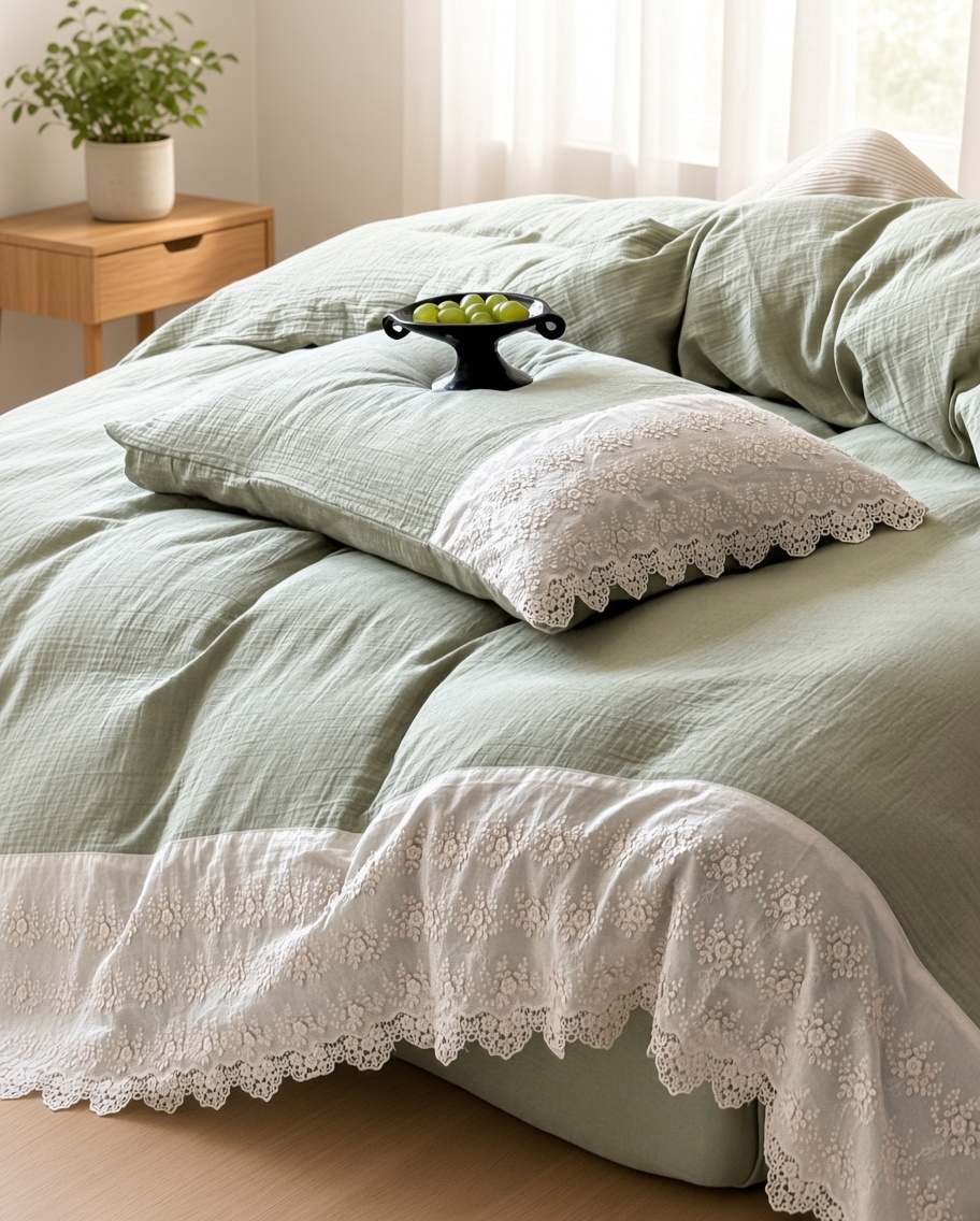 Ruffle Lace Cotton Double Gauze Breathable Bedding Set