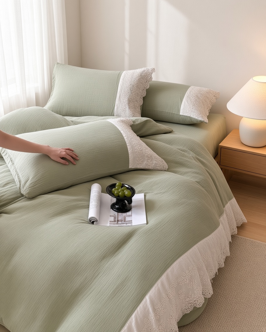 Ruffle Lace Cotton Double Gauze Breathable Bedding Set