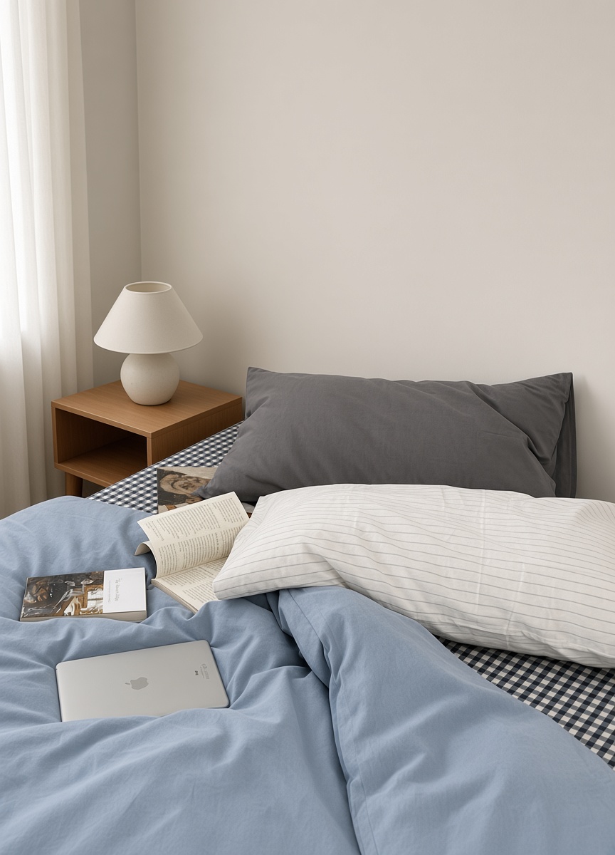 Minimalist Mixed Gingham Cotton Washed Breathable Bedding Set