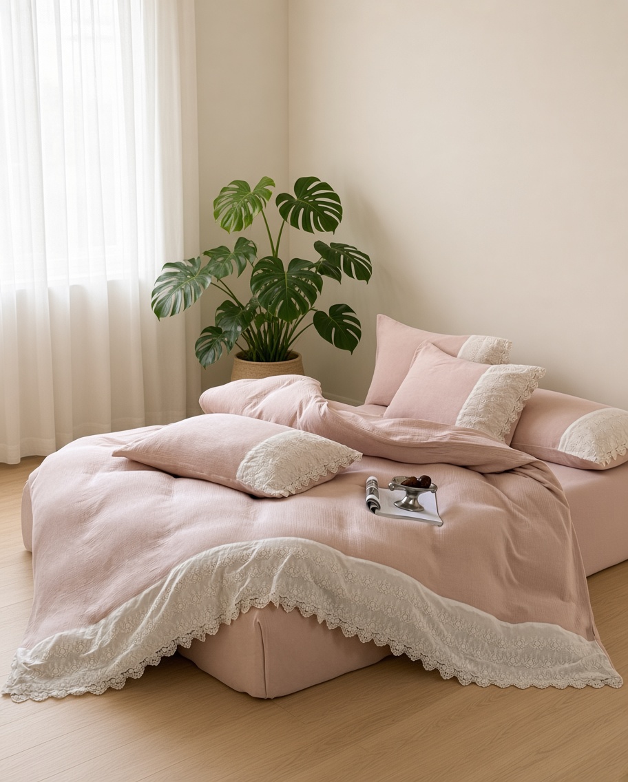 Ruffle Lace Cotton Double Gauze Breathable Bedding Set