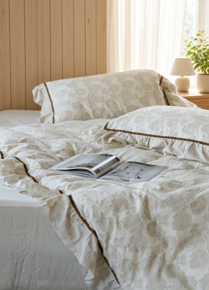 Floral Ruffle Linen Cotton Embroidered Bedding Set
