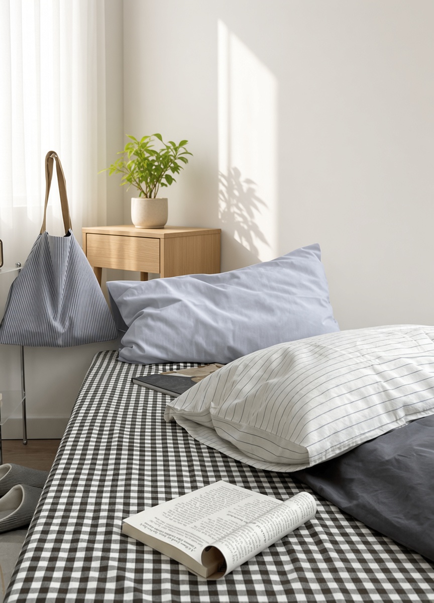 Minimalist Mixed Gingham Cotton Washed Breathable Bedding Set
