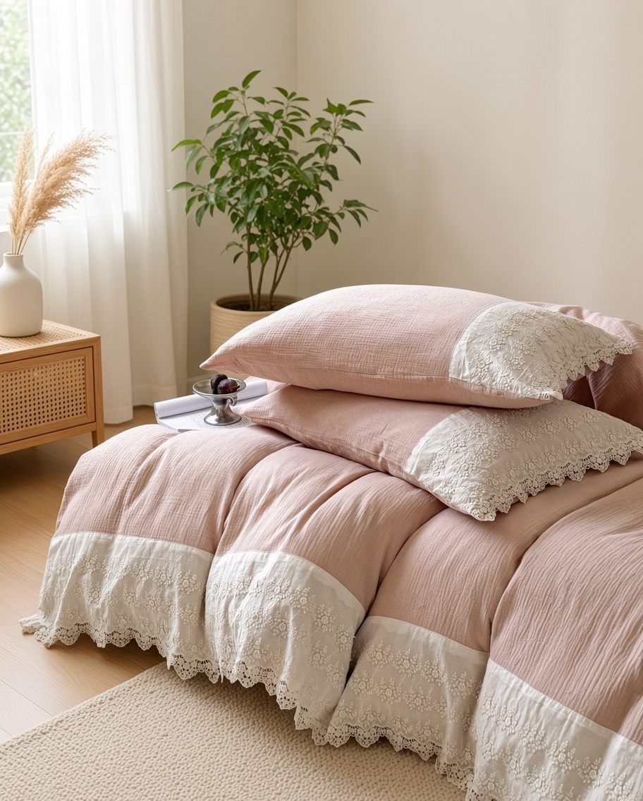 Ruffle Lace Cotton Double Gauze Breathable Bedding Set